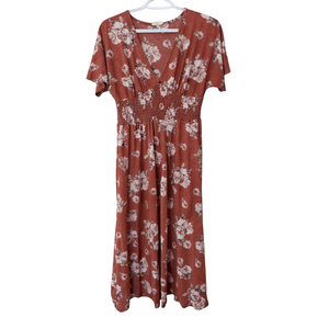 Ardene Floral Midi Dress Rust Color With Floral Pattern and Cinch Under Bust